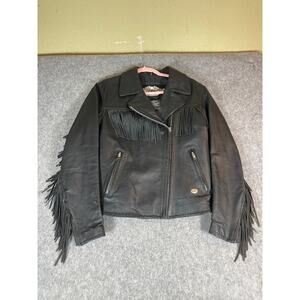 VTG 90s Harley Davidson Leather Biker Jacket Women M Black Fringe Asymmetric Zip